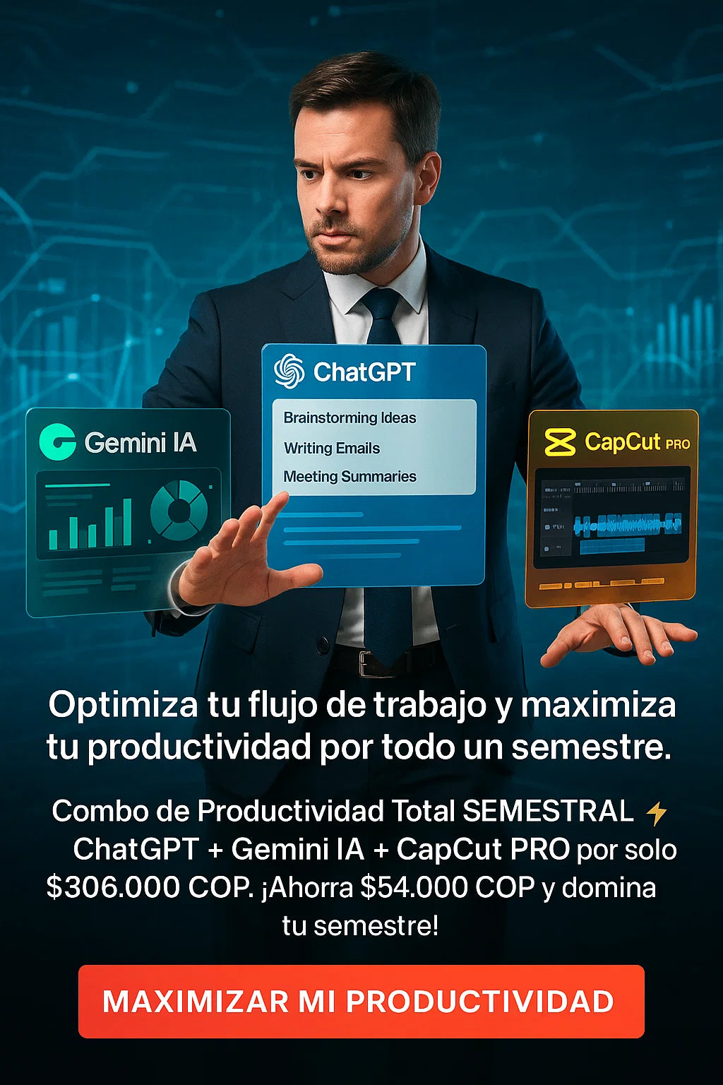 (6 Meses) Combo de Productividad Total Semestral: ChatGPT, Gemini IA y CapCut PRO